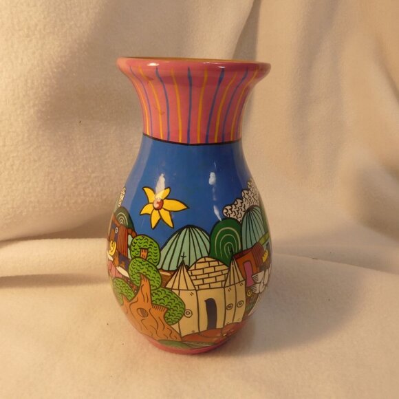 Couumel Island Mexico Brightly Colored Painted Vase Village Scene Hand Crafted - Picture 3 of 9